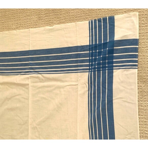 Vintage Blue White Plaid Cross Hatch Border Tablecloth 48" x 52" Cotton - Picture 2 of 5
